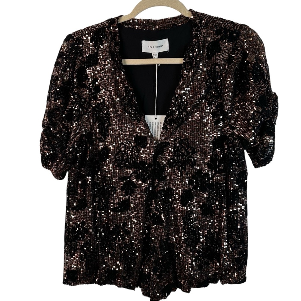 Dear John Sequin Top Rose Gold Short Sleeve Open Drape Lined Party Blouse NWT M